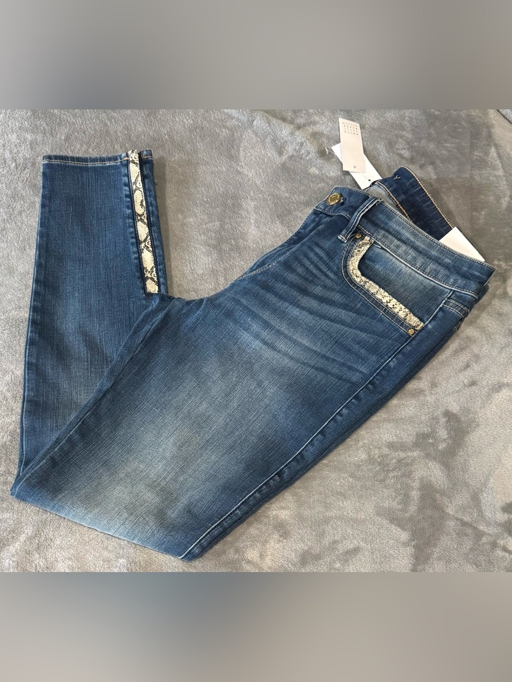 White House Black Market Mid Rise Skinny Ankle Jeans with Snake-Print Trim